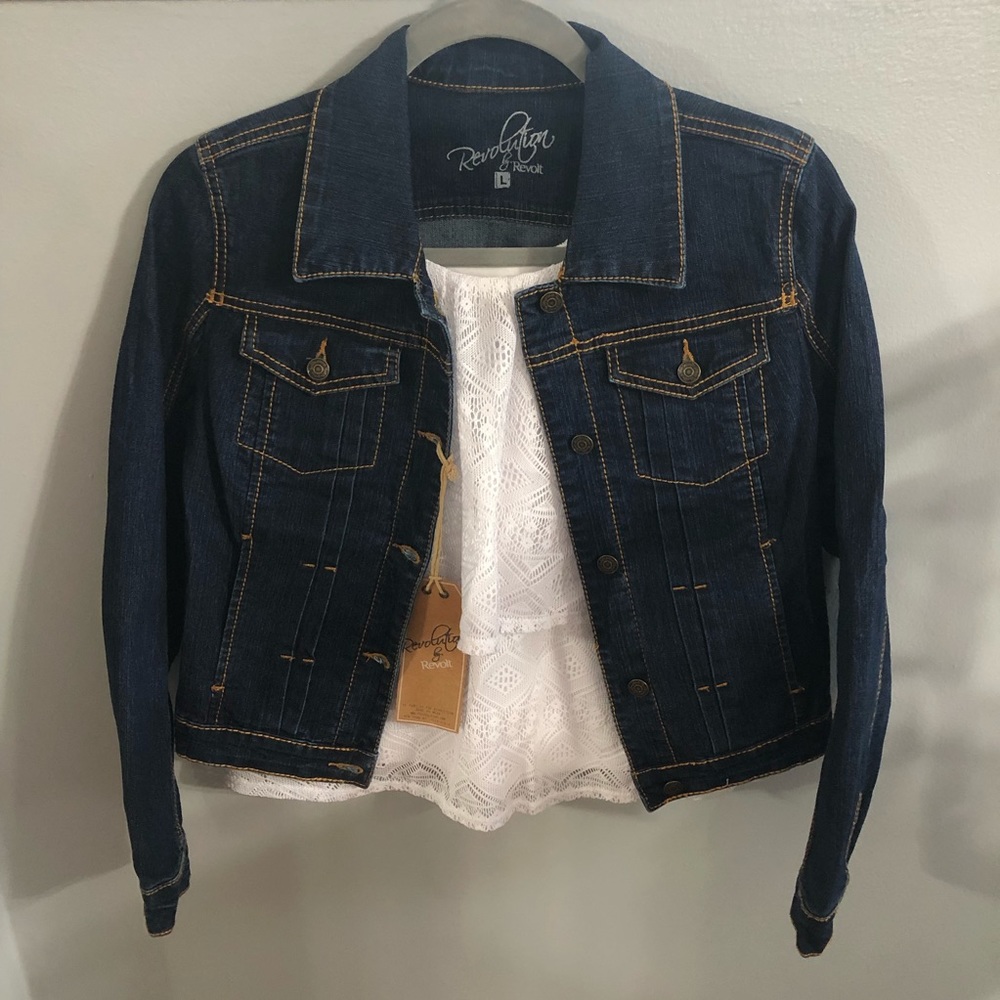Dark denim jean jacket w/ white tank/blouse
